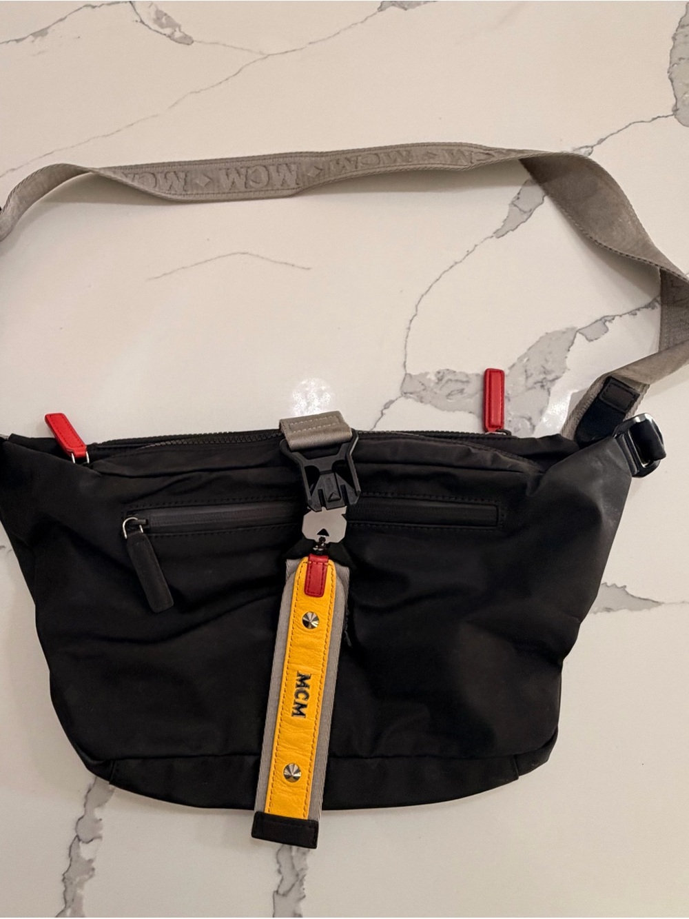 MCM Black Nylon Belt Bag with Yellow and Red Accents
